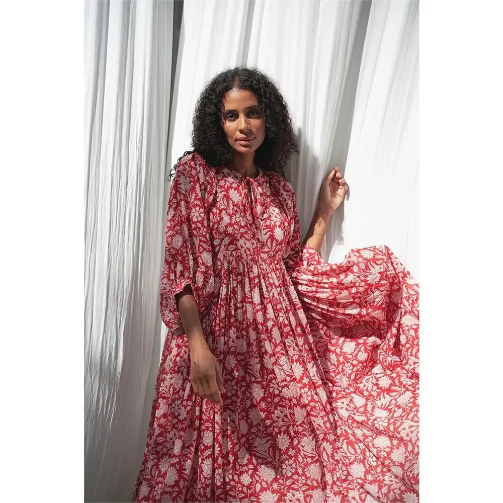 DAUGHTERS OF INDIA NWT Kyra Midi Dress Saffron Red Sz XL Block Print 100% Cotton - Picture 14 of 14